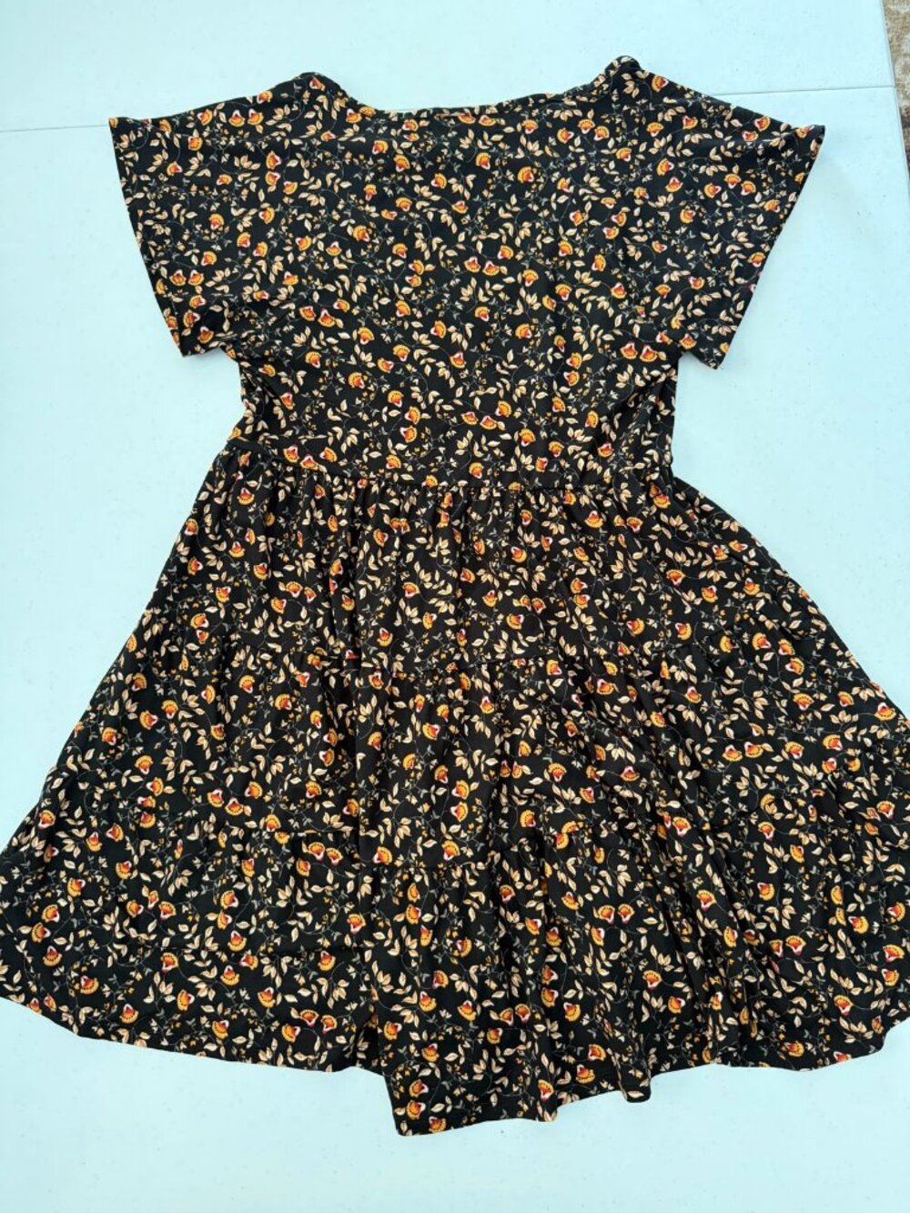 UO Black Orange Ditsy Floral Tiered Babydoll Mini Dress S